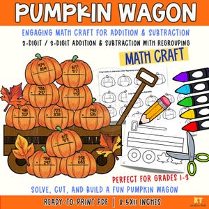 Könnte beinhalten: Ein Pumpkin Wagon Mathe-Bastelset mit orangefarbenen Kürbisillustrationen und Additions- sowie Subtraktionsaufgaben mit 2- und 3-stelligen Zahlen. Enthält ein druckbares PDF-Blatt, einen Bleistift, Buntstifte, eine Schere und herbstliche Blattausschnitte.