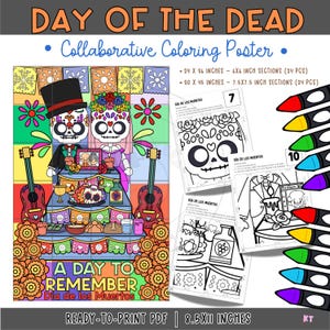 May include: A Day of the Dead collaborative coloring poster. The image features a colorful illustration of a male and female skeleton couple, guitars, and decorative elements. Includes ready-to-print PDF pages, 21.6 x 27.9 cm.