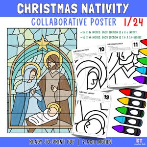 Può includere: Un poster collaborativo del Presepe natalizio, con un'illustrazione in stile vetrata di Maria, Giuseppe e Gesù bambino. Il poster è diviso in sezioni, con dimensioni di 61 x 91 cm o 76 x 114 cm. Include file PDF pronti per la stampa.