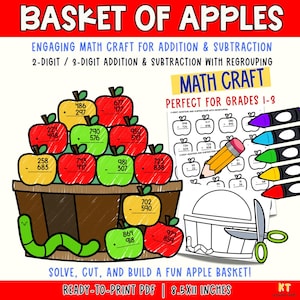 Könnte beinhalten: Ein digitales Lehrmaterial mit dem Titel BASKET OF APPLES für mathematische Bastelaktivitäten zur Addition und Subtraktion. Das Bild zeigt bunte Apfelillustrationen mit 2- und 3-stelligen Rechenaufgaben, ein Arbeitsblatt, einen Stift und eine Schere.