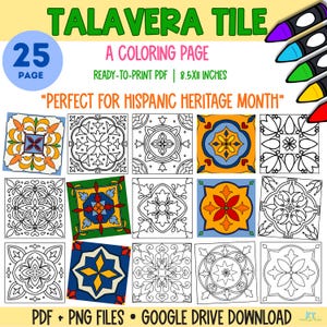 May include: A 25-page Talavera tile coloring page set in a ready-to-print 8.5x11 inch PDF format. The document features various square tile designs, some in black and white line art and others in full color, with crayons in the corner.