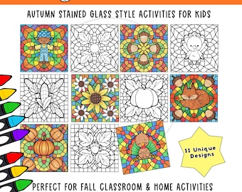 May include: A colorful mosaic coloring page set with autumn-themed designs. The pages feature stained glass style illustrations of a boy, leaves, acorns, a turkey, corn, sunflowers, a pumpkin, and a squirrel. The text reads "Fall Mosaic Coloring Pages".