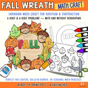 May include: A Fall Wreath Math Craft printable activity featuring addition and subtraction problems on leaves, pumpkins, acorns, and corn. The design includes the text FALL, a glue bottle, scissors, and crayons on a 21.59x27.94 cm page layout.