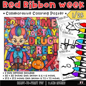 Op de afbeelding: Een collaboratieve Red Ribbon Week kleurposter met een vampierfiguur en de tekst Count on Me to Stay Drug Free. De set bevat printbare PDF-pagina's, met voltooide posterformaten van 76,2 x 76,2 cm of 95,25 x 95,25 cm.