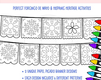 Páginas para colorear de Papel Picado: Estandarte de arte popular mexicano (PDF)