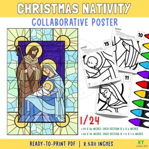 Puede incluir: Un póster colaborativo de Navidad listo para imprimir. La imagen presenta una ilustración de la escena de la Natividad al estilo vidriera, con María, José y el niño Jesús. Incluye páginas para colorear individuales e instrucciones. El póster está disponible en dos tamaños: 61 x 91 cm y 76 x 114 cm.