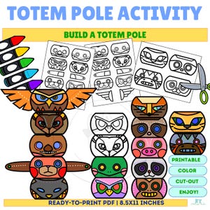 May include: A colourful printable totem pole activity sheet with the text "TOTEM POLE ACTIVITY" and "BUILD A TOTEM POLE". Includes various totem pole designs, crayons, and scissors. The sheet is 21.59 x 27.94 cm.