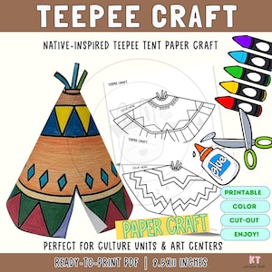 Peut inclure: Un kit de bricolage en papier imprimable représentant une tente tipi. Le kit comprend un modèle de tipi coloré, des modèles en noir et blanc, des crayons, des ciseaux et un flacon de colle. Le texte indique TEEPEE CRAFT et PAPER CRAFT.