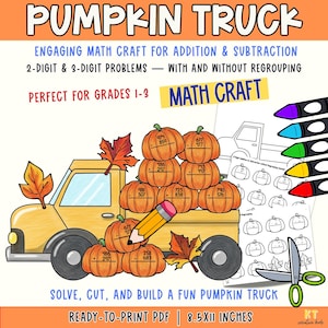 May include: A Pumpkin Truck maths craft activity featuring a yellow truck carrying orange pumpkins with 2-digit and 3-digit addition and subtraction problems. Includes a pencil, crayons, scissors, and printable worksheets measuring 21.59x27.94 cm.