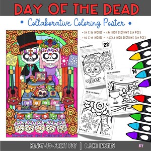 May include: A vibrant Day of the Dead collaborative coloring poster featuring sugar skulls, guitars, and a couple in traditional attire. The poster includes the text "Day of the Dead" and "Collaborative Coloring Poster". Available in 61 x 91 cm and 76 x 114 cm sizes, with sections for coloring.