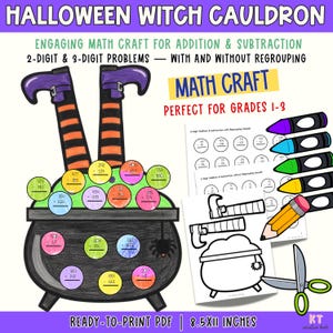 Puede incluir: Una actividad de manualidades matemáticas de caldero de bruja de Halloween con problemas de suma y resta de 2 y 3 dígitos. El set incluye un caldero negro con círculos coloridos, piernas de bruja, una araña, hojas de trabajo, crayones, un lápiz y tijeras.