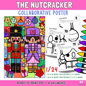 Puede incluir: Un colorido póster colaborativo titulado "The Nutcracker" con una ilustración de dibujos animados de un cascanueces y una cascanueces femenina. El póster incluye instrucciones y páginas para colorear. El texto dice "Ready-to-Print PDF | 8.5x11 inches."