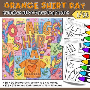 Può includere: Un poster da colorare collaborativo intitolato Orange Shirt Day con lettere colorate, piume, stelle e una maglietta arancione centrale con un cuore. Include fogli di istruzioni e pastelli. Le dimensioni sono 76,2x76,2 cm o 95,25x95,25 cm.