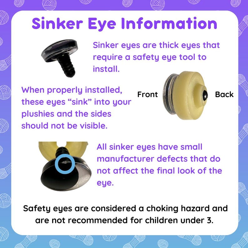 May include: An informational graphic titled Sinker Eye Information featuring black safety eyes with ribbed stems. It shows front and back views of the eyes, a close-up of a small manufacturer defect, and text warnings regarding installation and safety.