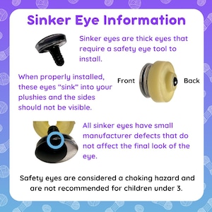 May include: An informational graphic titled Sinker Eye Information featuring black safety eyes with ribbed stems. It shows front and back views of the eyes, a close-up of a small manufacturer defect, and text warnings regarding installation and safety.