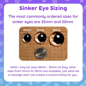 May include: Three round black sinker eyes labeled 20mm, 25mm, and 30mm, positioned above a US quarter coin for scale. The text reads Sinker Eye Sizing, The most commonly ordered sizes for sinker eyes are 25mm and 30mm, and custom size information.