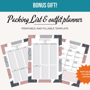 May include: Printable packing list and outfit planner template with abstract shapes in pink and grey. The template includes sections for clothing, food and drinks, before leaving, and outfit planner.