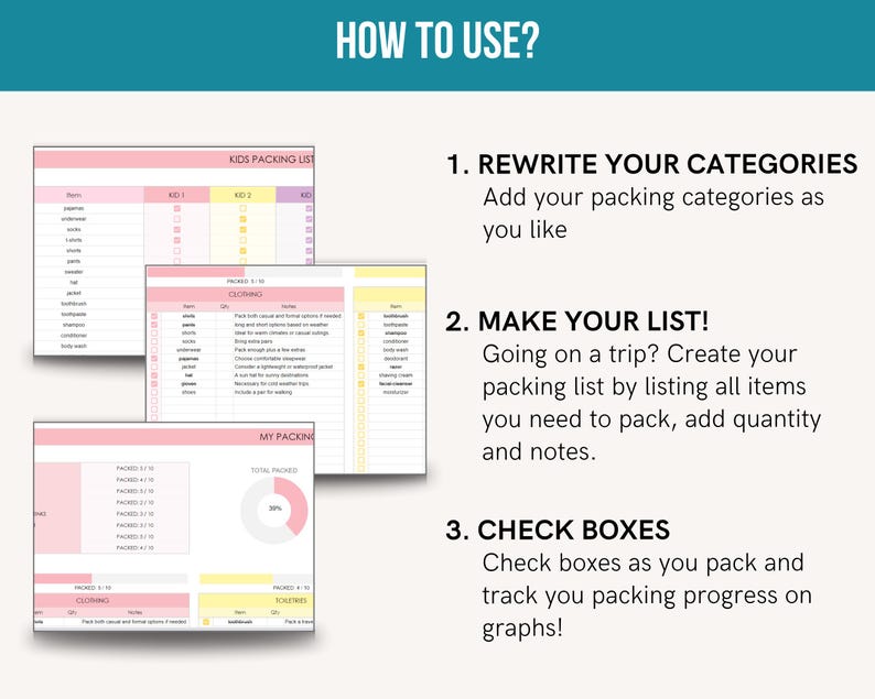 May include: A set of printable packing lists with pink, yellow, and white sections. The text "HOW TO USE?" is at the top. Instructions include rewriting categories, making a list, and checking boxes. The lists are designed for travel planning.