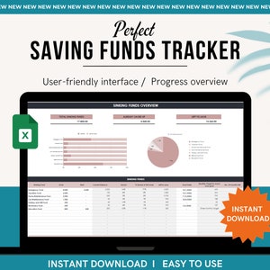 May include: A laptop computer screen displaying a spreadsheet with a pink and gray color scheme. The spreadsheet is titled "Sinking Funds Overview" and includes sections for "Total Sinking Funds", "Already Saved Up", and "Up to Save". The spreadsheet also includes a bar graph and a pie chart. The laptop is on a teal background with a green leaf in the upper right corner. The text "Perfect Saving Funds Tracker" is displayed in a large font above the laptop. The text "User-friendly interface / Progress overview" is displayed below the laptop. The text "Instant Download" is displayed in a star shape in the lower right corner of the image.