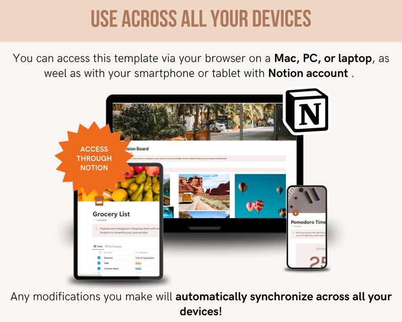 May include: A digital template displayed on a laptop, tablet, and smartphone. The laptop shows a vision board, the tablet a grocery list, and the phone a timer. Text reads "USE ACROSS ALL YOUR DEVICES" and "Any modifications you make will automatically synchronize across all your devices!"