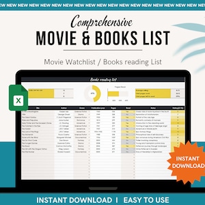 May include: A laptop computer screen displaying a spreadsheet with a list of books and their details, including title, author, genre, publication year, pages, and progress. The spreadsheet is titled "Books reading list" and has a yellow progress bar indicating 47% completion. The laptop is on a blue and green background with the text "Comprehensive Movie & Books List" and "Movie Watchlist / Books reading List" above it. The image also includes a yellow button with the text "INSTANT DOWNLOAD" in the lower right corner.