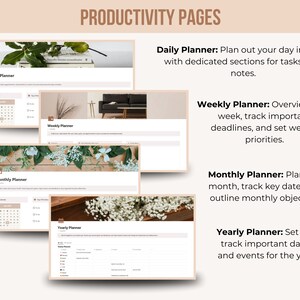 May include: A collection of digital planner pages, including daily, weekly, monthly, and yearly layouts. Each planner page features a clean, minimalist design with sections for tasks, notes, and calendars. The image includes text that describes the features of each planner type.