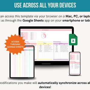 May include: A screenshot showing a Google Sheets spreadsheet template on a laptop, smartphone, and tablet. The text "USE ACROSS ALL YOUR DEVICES" is at the top of the image. The text "ACCESS THROUGH GOOGLE SHEETS" is in a starburst shape. The text "Any modifications you make will automatically synchronize across all your devices!" is at the bottom of the image.