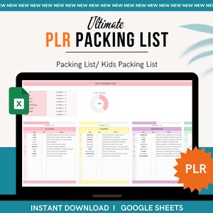 May include: A laptop screen displays a packing list template with the text "Ultimate PLR PACKING LIST". The template is divided into sections for clothing, toiletries, and electronics. The image also includes the text "Packing List/ Kids Packing List" and "INSTANT DOWNLOAD | GOOGLE SHEETS".