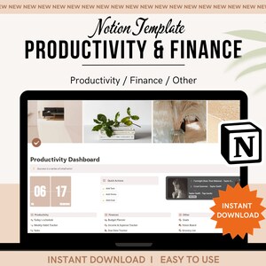 May include: A black laptop displays a Notion template for productivity and finance. The screen shows a dashboard with sections for productivity, finances, and other categories. The image includes the text "Productivity & Finance" and "Instant Download."