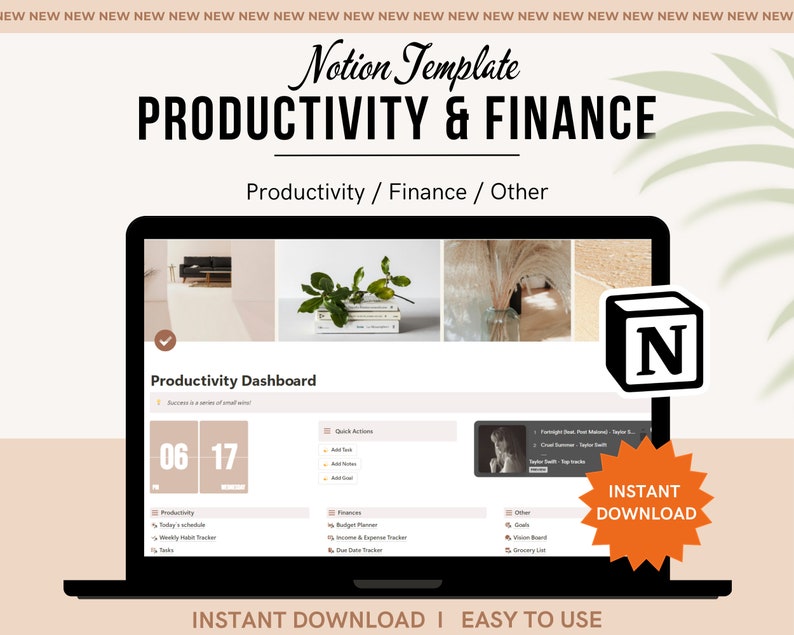 May include: A black laptop displays a Notion template for productivity and finance. The screen shows a dashboard with sections for productivity, finances, and other categories. The image includes the text "Productivity & Finance" and "Instant Download."