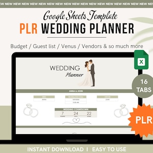 May include: A laptop screen displays a Google Sheets template for a wedding planner. The screen shows a wedding couple graphic, wedding countdown, and the text "WEDDING PLANNER". The image includes the text "PLR WEDDING PLANNER" and "INSTANT DOWNLOAD | EASY TO USE".