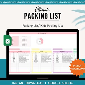 May include: A laptop screen displaying a Google Sheets spreadsheet with a packing list template. The spreadsheet is divided into sections for clothing, toiletries, electronics, and other items. The spreadsheet has a pink, yellow, and purple colour scheme. The text "Ultimate Packing List" is displayed above the spreadsheet. The text "Packing List/ Kids Packing List" is displayed below the spreadsheet. The text "Instant Download" is displayed in a yellow circle on the right side of the screen. The text "Instant Download | Google Sheets" is displayed below the laptop.