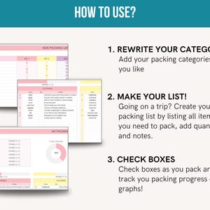 May include: Pink and yellow printable packing list template with instructions on how to use it. The instructions include rewriting categories, making a list, and checking boxes. The template includes sections for kids packing lists and a section for a general packing list.