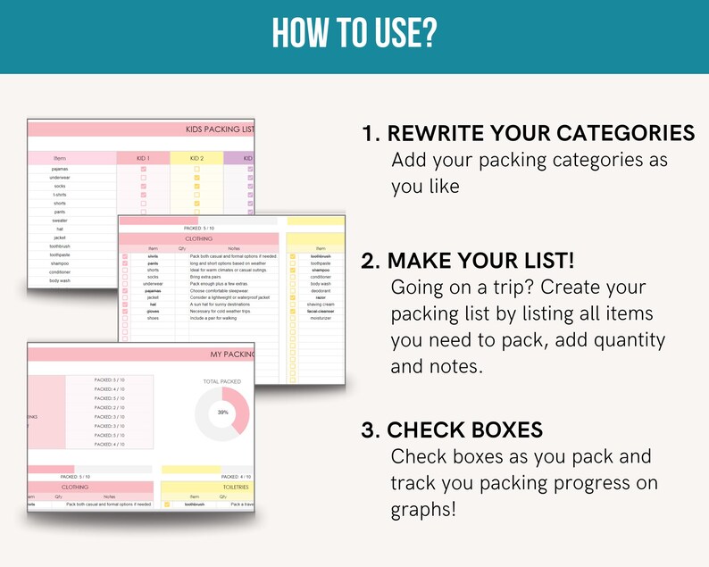 May include: Pink and yellow printable packing list template with instructions on how to use it. The instructions include rewriting categories, making a list, and checking boxes. The template includes sections for kids packing lists and a section for a general packing list.