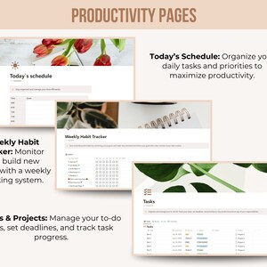 May include: A digital planner layout with the title "Productivity Pages." The image showcases templates for daily schedules, weekly habit trackers, and task management. The pages are designed with a clean, minimalist aesthetic, featuring text and graphics.