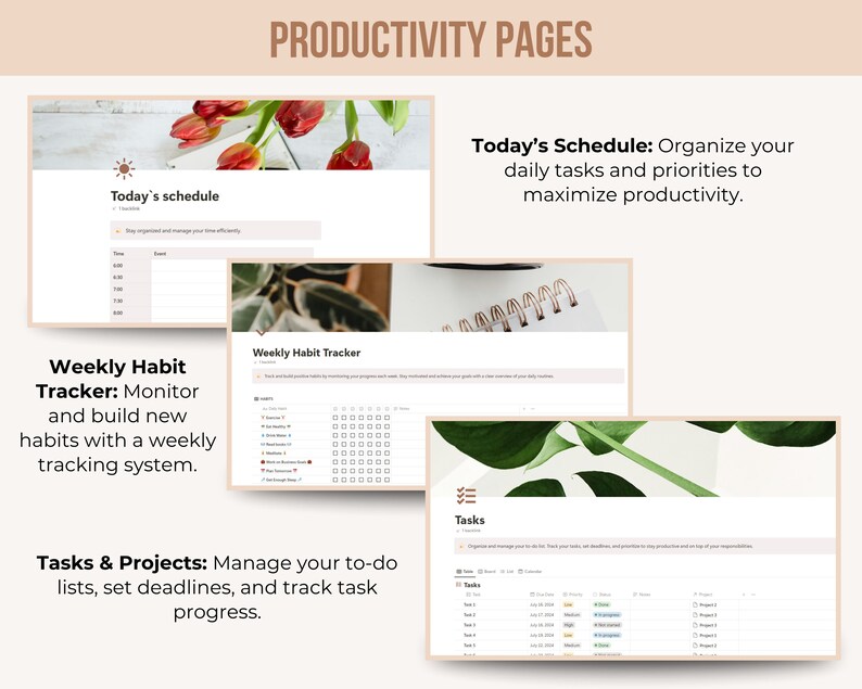 May include: A digital planner layout with the title "Productivity Pages." The image showcases templates for daily schedules, weekly habit trackers, and task management. The pages are designed with a clean, minimalist aesthetic, featuring text and graphics.