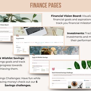 May include: Image of a digital finance planner with the title "FINANCE PAGES." The image showcases various financial planning sections, including a financial vision board, investment tracking, and savings challenges. Text on the image includes "Financial Vision Board" and "Investments."