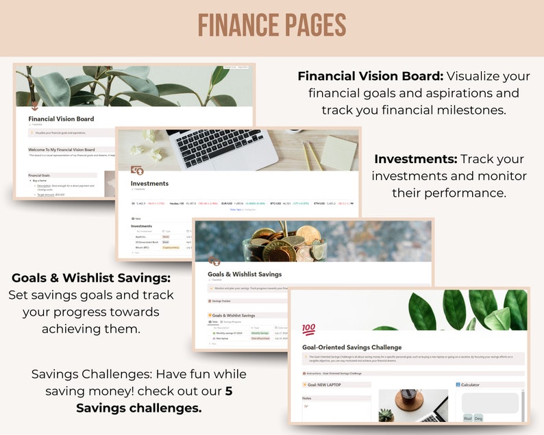 May include: Image of a digital finance planner with the title "FINANCE PAGES." The image showcases various financial planning sections, including a financial vision board, investment tracking, and savings challenges. Text on the image includes "Financial Vision Board" and "Investments."
