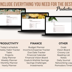 May include: Three black laptops displaying productivity, finance, and other planning templates. The text reads "INCLUDE EVERYTHING YOU NEED FOR THE BEST Productivity". Below are lists for productivity, finance, and other planning tools.