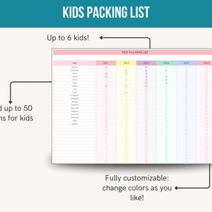 May include: A printable "KIDS PACKING LIST" with space for up to 6 kids and 50 items. The list is customizable, with color-coded columns for each child. Text includes "Add up to 50 items for kids" and "Fully customizable: change colors as you like!"