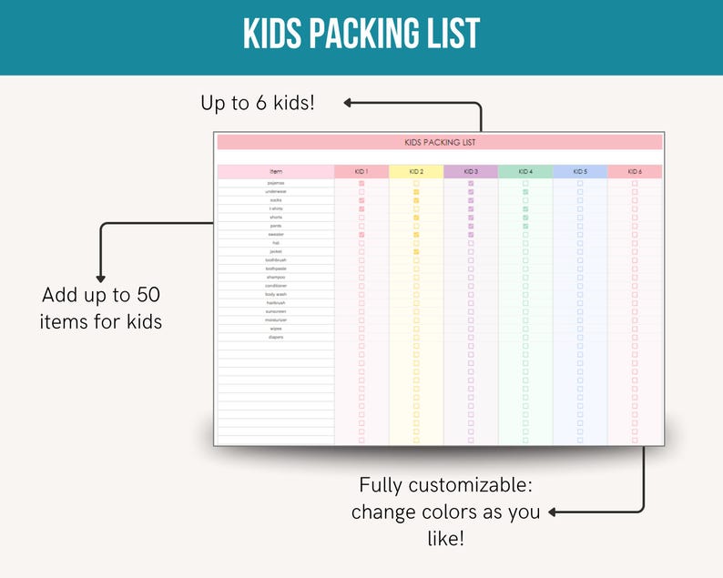 May include: A printable "KIDS PACKING LIST" with space for up to 6 kids and 50 items. The list is customizable, with color-coded columns for each child. Text includes "Add up to 50 items for kids" and "Fully customizable: change colors as you like!"
