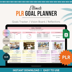 Puede incluir: Un planificador digital para el establecimiento de objetivos, con un diseño colorido y secciones para el seguimiento de objetivos, tableros de visión y reflexiones. El planificador está etiquetado como "Ultimate PLR Goal Planner" e incluye el texto "Estoy comprometido con el viaje".