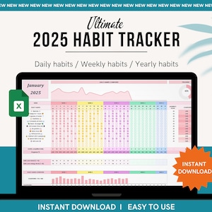 Tracker delle abitudini 2025, Risoluzioni per il nuovo anno, Modello di foglio di calcolo degli obiettivi 2025, Fogli Google, Planner delle abitudini giornaliere, Tracker degli obiettivi annuali