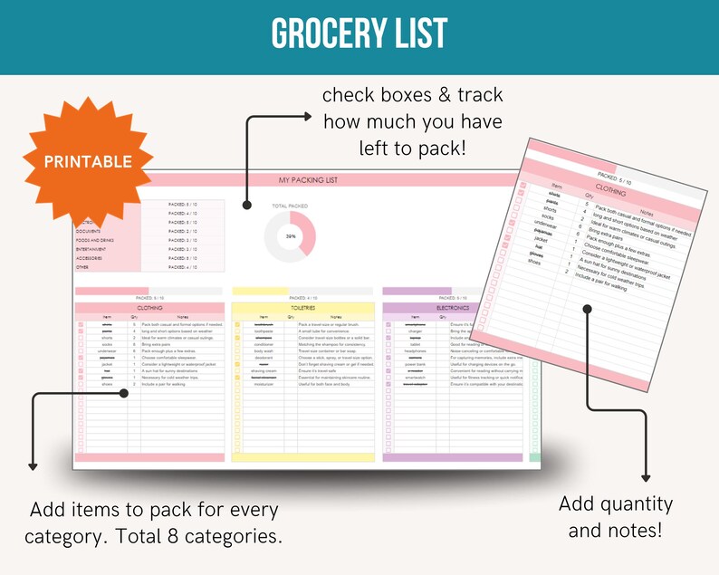 May include: A printable grocery list with sections for clothing, toiletries, and electronics. The list includes checkboxes and space for notes. The text "Grocery List" and "Printable" are visible.