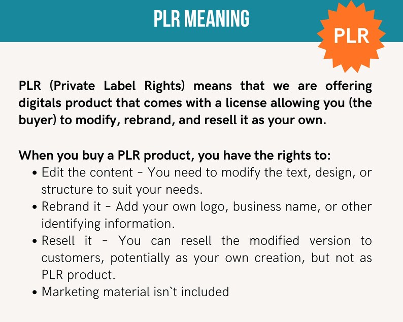 May include: A digital graphic with the text "PLR MEANING" at the top, and a definition of PLR (Private Label Rights). The text explains the rights of the buyer to modify, rebrand, and resell digital products.