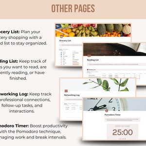 May include: A digital planner page titled "Other Pages" with four sections: Grocery List, Reading List, Networking Log, and Pomodoro Timer. Each section has a brief description and a corresponding screenshot of the digital planner.