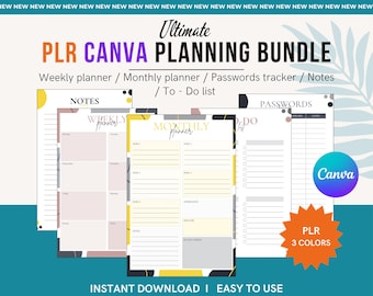PLR Canva Vorlagen Bundle, Canva Vorlagen für Wochenplaner, Monatsplaner, To-Do-Liste, Notizen, Passwort Tracker, bearbeitbar, A4 A5 Design