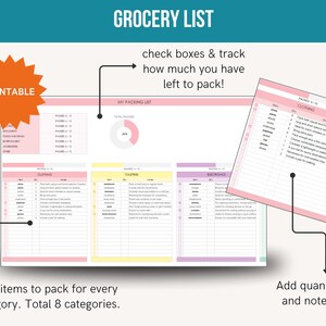 May include: Printable packing list with checkboxes to track items for 8 categories: Clothing, toiletries, electronics, and more. The list includes a progress bar to track how much you have packed.