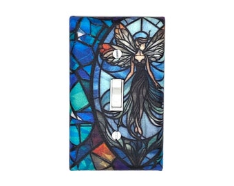 Gray Stained Glass Fairy Wall Art Fantasy Home Gift for Home Decor Fairies Light Switch Cover Handmade Housewarming Gifts Fae Goth