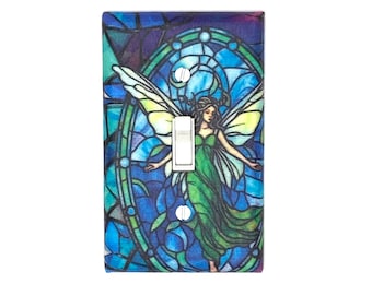 Green Stained Glass Fairy Wall Art Fantasy Home Gift for Home Decor Fairies Light Switch Cover Handmade Housewarming Gifts Fae Goth